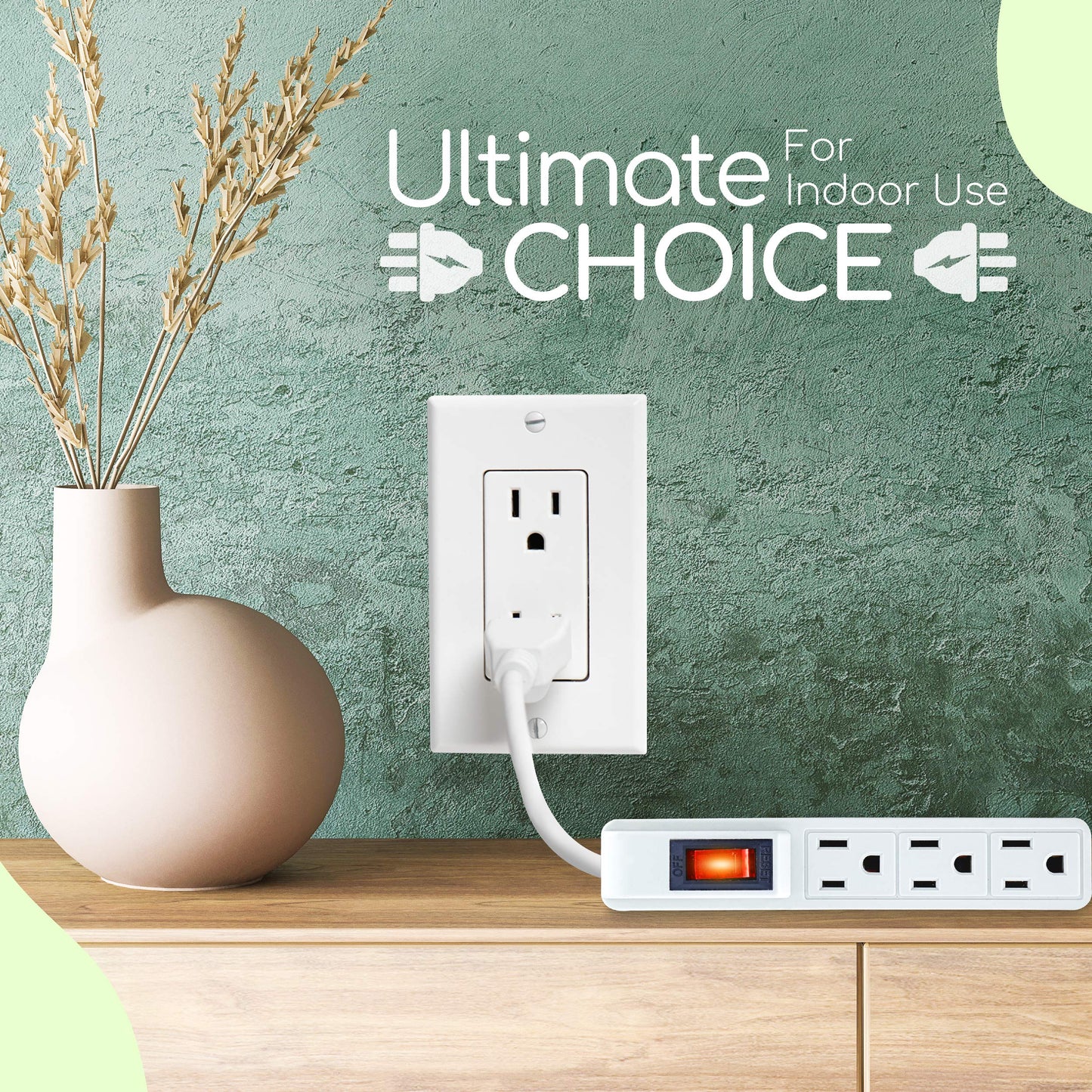 3 Outlet Power Strip - 14 AWG x 3C, 15 Amp Shock Proof, 3 Prong, White, (Pack of 2) - by Revpex