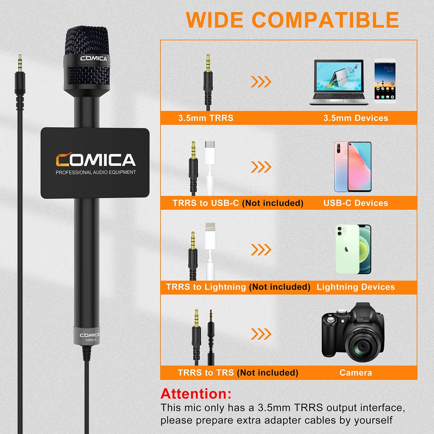 COMICA HRM-S Handheld Interview Microphone for Smartphone, 3.5mm TRRS Cardioid Condenser Reporter Mic for Video Recording, Interview, Speech, Vocal