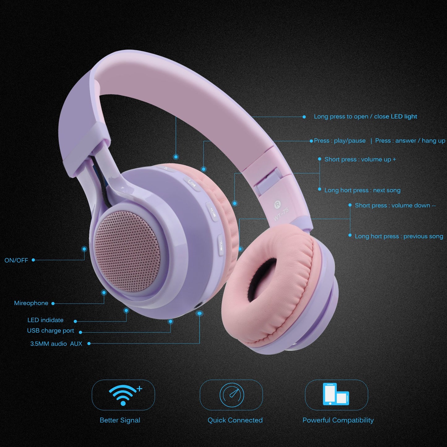 Riwbox WT-7S Kids Bluetooth Headphones Light Up, Foldable Stero Wireless Headset,with Microphone and Volume Control,Comfortable and Durable,for…