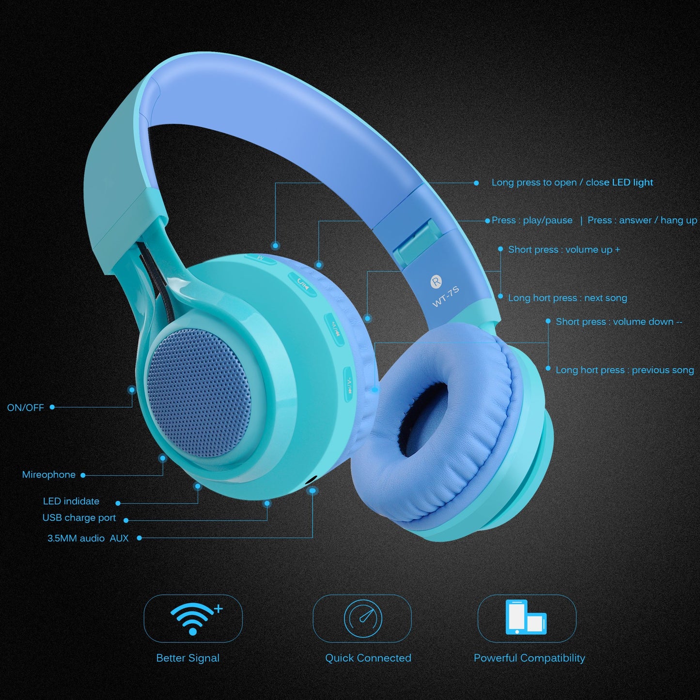 Riwbox WT-7S Kids Bluetooth Headphones, LED Light Up Wireless Foldable Stereo Headset with Microphone and Volume Control for PC/Tablet/TV/Travel…