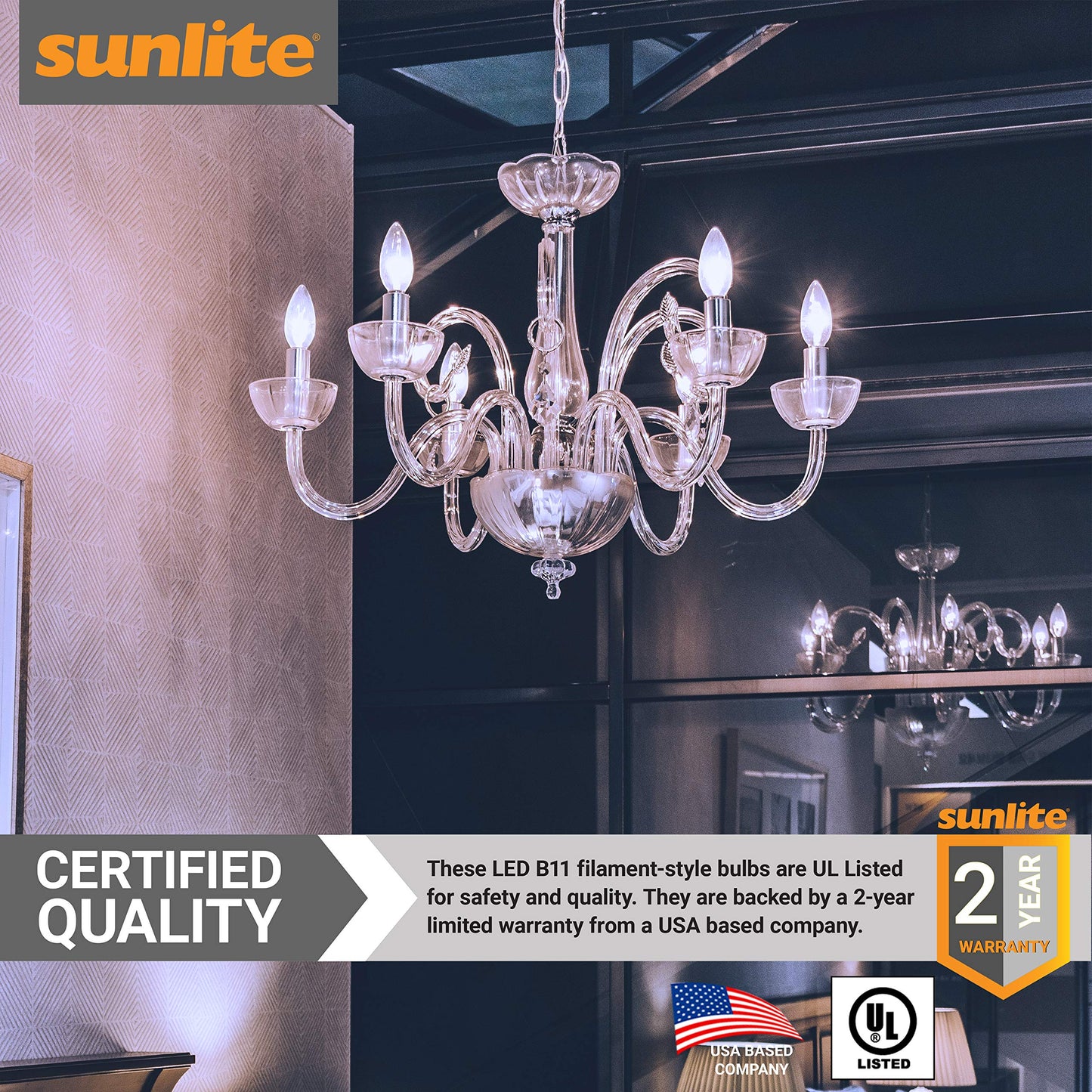 Sunlite LED CTC Filament B11 Torpedo Tip Chandelier Light Bulb, 5 Watts (60 W Equivalent), 120V, 600 Lumens, Candelabra E12 Base, Dimmable, 90 CRI, UL
