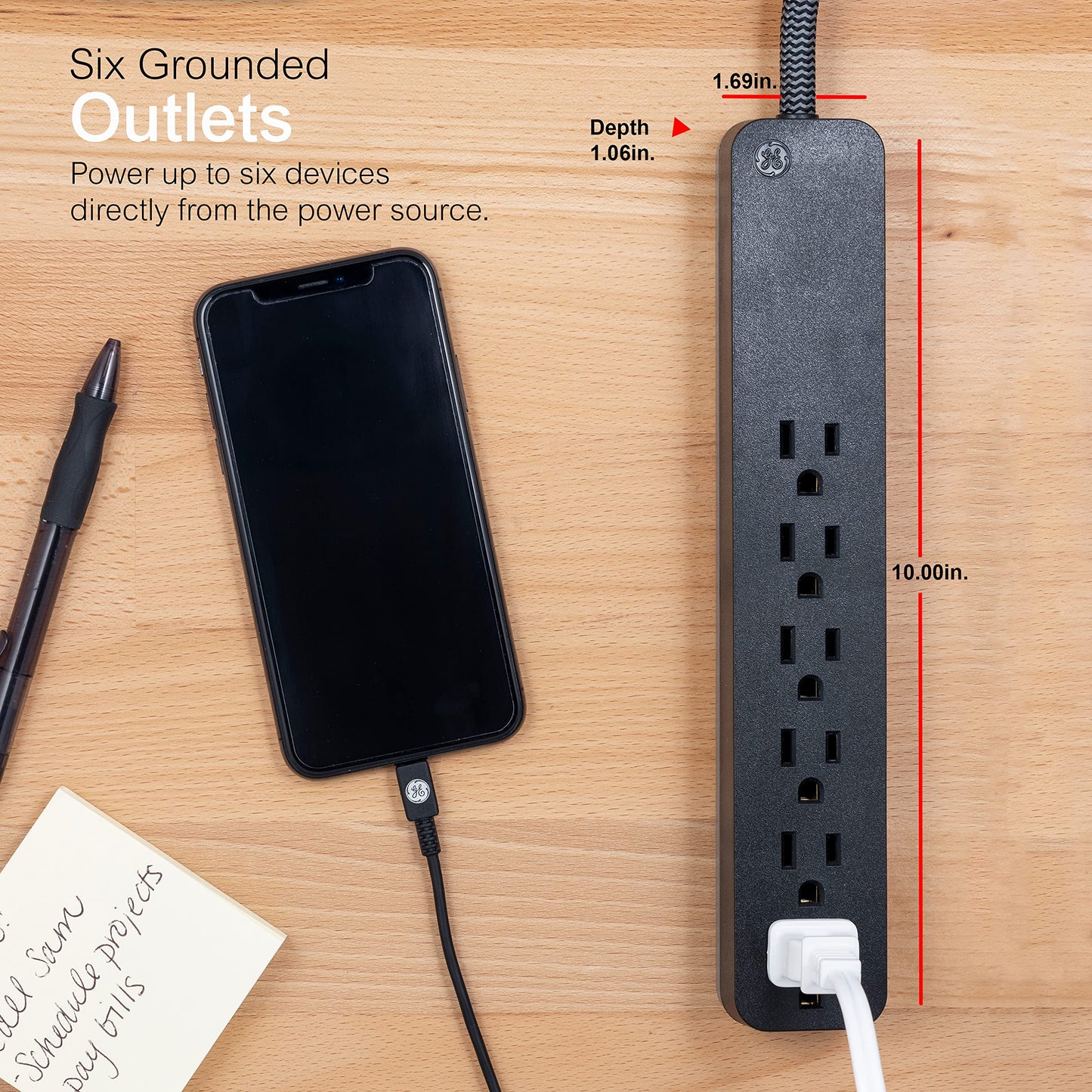 GE UltraPro 6 Outlet Surge Protector, 6 Ft Designer Braided Extension Cord, Flat Plug, Long Power Cord, Wall Mount, Black, 45271