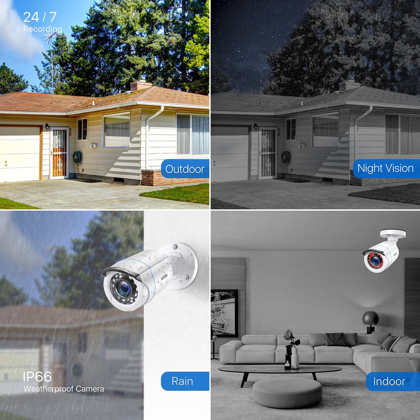 ZOSI 4 Pack 2MP 1080p HD-TVI Home Security Camera Outdoor Indoor 1920TVL,24PCS LEDs,80ft Night Vision, 90°View Angle, Weatherproof Outside