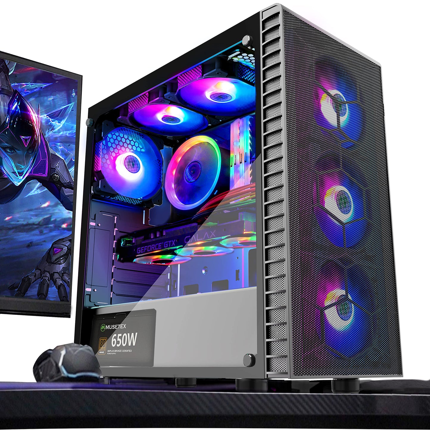 MUSETEX Mesh ATX Mid-Tower Computer Gaming Case with 6 PCS × 120mm LED ARGB Fans USB 3.0 Port Mesh Front Panel & Tempered Glass PC Chassis(G05MN6-HW)